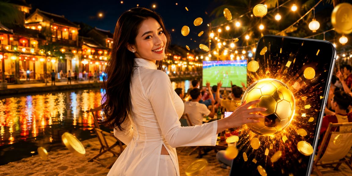 Người dùng mặc áo dài tại Hội An xem kèo bóng đá và sử dụng voucher cá cược